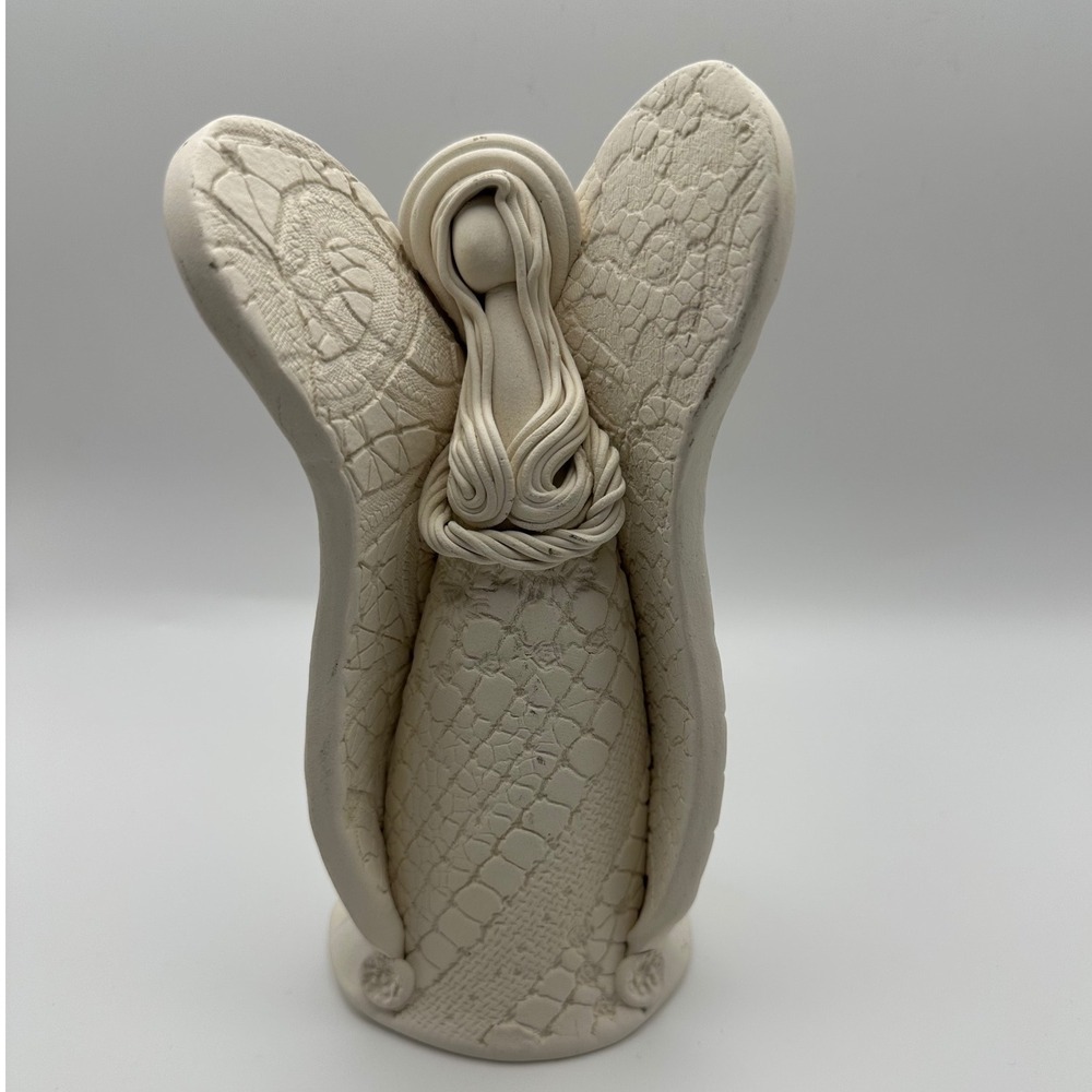 Bunk'art Sandstone Angel sculpture Handmade Textured Wings Signed 6.25in